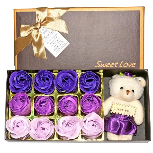 Binnan Geschenkbox Set von Rosenseife Blumen,12 Geschenkseife Wohnkultur Plastikblumen,Seife Rose Blume 3 Farben Rosen Geformte Rosenseife mit Bärenpuppen,Seifenstück-Set für Romantisches Geschenk von Binnan