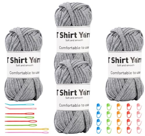 Binwat T-Shirt-Garn zum Häkeln, elastisches Band, dicker Häkelstoff, Stricken, T-Shirt-Garn-Set für Häkeltasche/Decke/Korb, DIY-Handwerksprojekte, Heimdekoration (grau) von Binwat