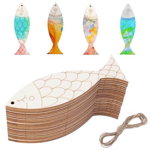48 Stück DIY Holz-Fischausschnitte, unlackierte Blanko-Holzschilder in Fischform, Holzausschnitte mit Hanfseil, Holzornamente, Bastelbedarf, Heim-Party-Dekoration (bunt) von Binxus