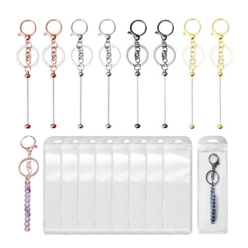 8 Stück Perlenschlüsselstangen mit 8 wiederverschließbaren Geschenktüten, aus Metall montierte Perlen-Schlüsselanhänger-Bastelsets für Anhänger, DIY, Handwerk, Schmuckherstellung, Geschenk von Binxus