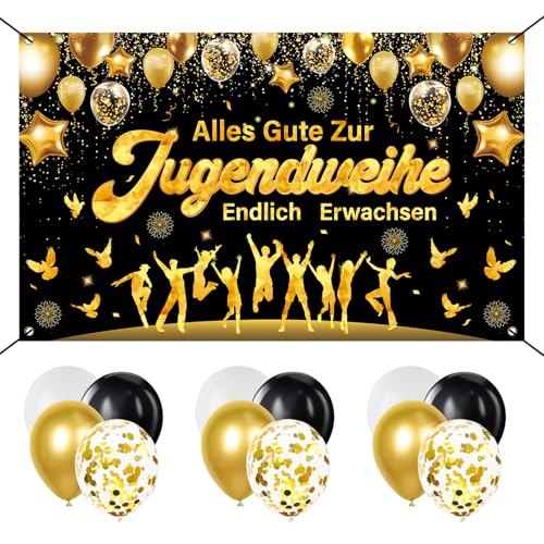 180x110cm Jugendweihe Deko, Alles Gute zur Jugendweihe Banner, Gold Schwarz Konfirmation Deko Banner, Endlich Erwachsen Hängedeko Party, mit 12 Luftballons für Jungen und Mädchen Erwachsen Dekoration von Bipl