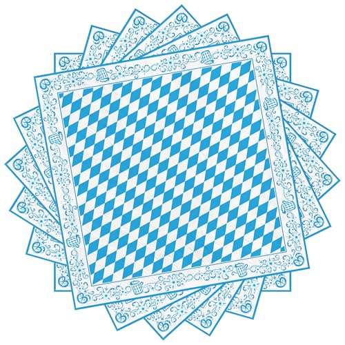 20 Stück Servietten Oktoberfest Deko, 33 x 33 cm Bayern Servietten, 3-lagig Bayerische Blau Weiß karierte Tissue, mit Bier, Brezel Muster, für Münchner Oktoberfest Party Bierzelten Tischdeko von Bipl