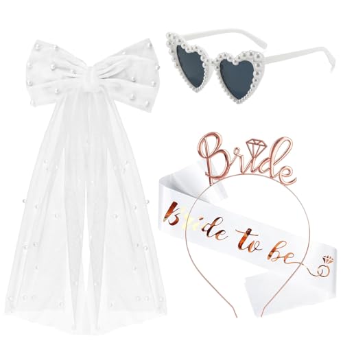 4 Stück JGA Accessoires Frauen, Bride to Be Weiß Schärpe Schleier, Junggesellenabschied Herz Sonnenbrille Perle, Rosegold Haarreif Braut, JGA deko frauen für Bachelorette Party Hochzeit Fotorequisiten von Bipl