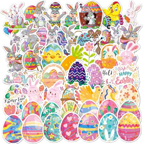 50 Stück Aufkleber Ostern, Ostereier Sticker, Cartoon Ostereier Kaninchen Tier Aufkleber, Kinder Wasserdicht Osteraufkleber, DIY Selbstklebend Basteln Deko Sticker, für Ostern Geschenk Scrapbook Deko von Bipl