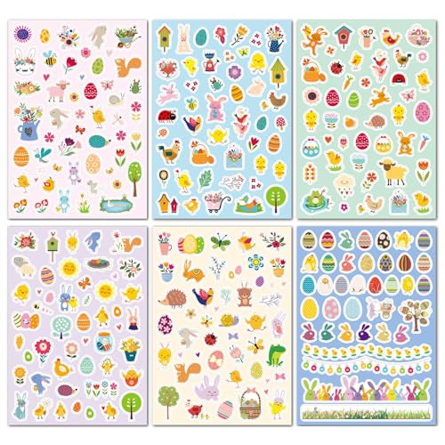6 Stück Ostern Aufkleber, Ostereier Hasen Küken Blumen Deko Sticker, Kinder Selbstklebend Osteraufkleber, DIY Basteln Deko Ostereier Aufkleber Set, für Ostern Deko Basteln Karten Geschenk von Bipl