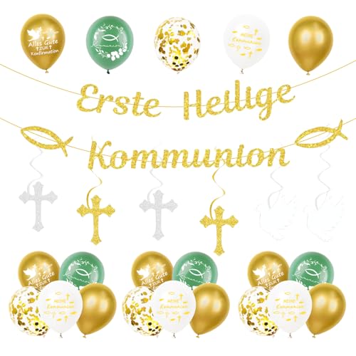 Kommunion Deko Set, Erstkommunion Taufe Deko, Meine Kommunion Luftballons Konfirmation Deko, Erste Heilige Kommunion Glitzer Deko Banner, Taufe Weißes Taubenkreuz Hängende Girlande, Taufe Partydeko von Bipl
