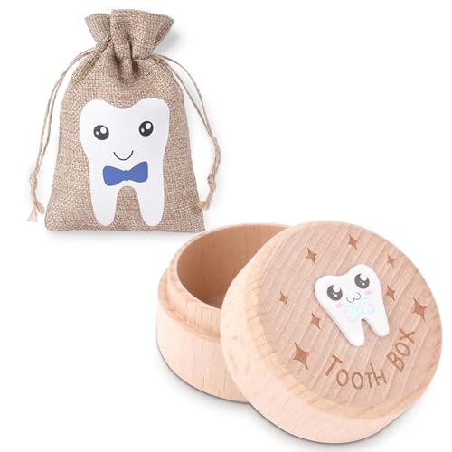 Tooth Fairy Box, Zahndose Milchzahndose, Aufbewahrungsbox aus Holz, mit 3D Schnitzerei Milchzähne Box, Geschenke Zahndose Milchzähne, für Jungen Mädchen Kinder Geburtstag Babyparty (Jungen) von Bipl