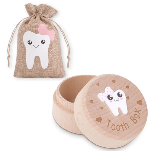Tooth Fairy Box, Zahndose Milchzahndose, Aufbewahrungsbox aus Holz, mit 3D Schnitzerei Milchzähne Box, Geschenke Zahndose Milchzähne, für Jungen Mädchen Kinder Geburtstag Babyparty (Mädchen) von Bipl