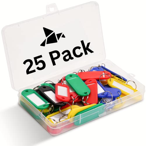 BirdFactor 25er-Pack Schlüsselanhänger mit Etiketten – 5 Farben, Kunststoffbox, 25 zusätzliche Papieretiketten – Schlüsselanhänger und Schlüsselanhänger von BirdFactor