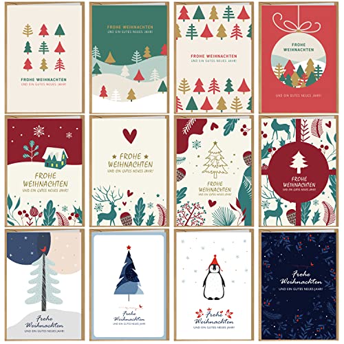 Weihnachtskarten mit Umschlägen, 12er Set Weihnachten Klappkarten Blanko, Weihnachtskarte mit Umschlag, 115x165mm Grußkarte für Weihnachten, Weihnachtspostkarten für Familie Freunde Kunden von BIROYAL