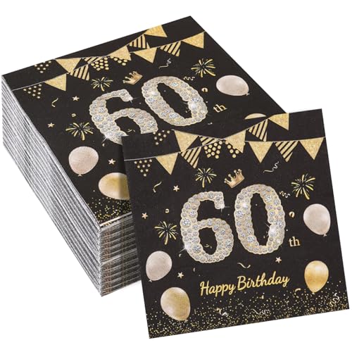 Birshe 100 Stück Schwarzes Gold Geburtstags Servietten,Happy Birthday 60 Servietten Servietten 60 Geburtstag Tischdekoration Papierservietten für Geburtstag Feiern Party Jubiläum 16.5 x 16.5 cm von Birshe