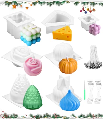 Birshe Kerzen Silikonform 3D,Silikon Kerzenwachs Formen Antihaft Bubble Candle Silikonform Kerzen-Gießen Formen mit 50Pcs Kerzendocht Rose Kerzengießform Candle Mold zum Gießen als Heimdekoration von Birshe