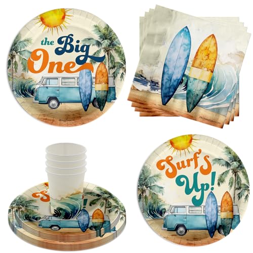 The Big One Surfing 1st Birthday Party Supplies 64-teiliges Geschirr-Set enthält große 22,9 cm große Pappteller, Dessertteller, Tassen und Servietten für 16 Personen von Birthday Galore