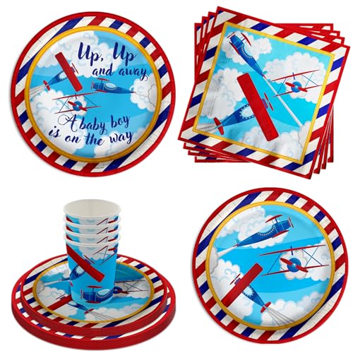 Up Up and Away Flugzeug-Partyzubehör für Babypartys, 64-teiliges Geschirr-Set enthält große 22,9 cm Pappteller, Dessertteller, Tassen und Servietten, Kit für 16 Personen von Birthday Galore