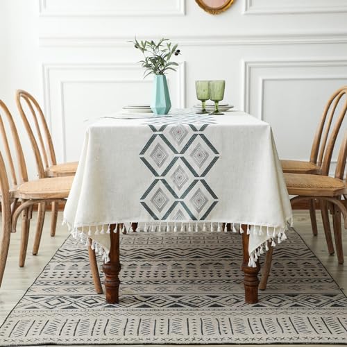 Bishilin Tischtuch 90x140CM Outdoor, Tischdecke Abwaschbar Weiß Grün Geometrie Muster mit Quasten, Tafeldecke Tischtuch für Draußen Garten Party von Bishilin