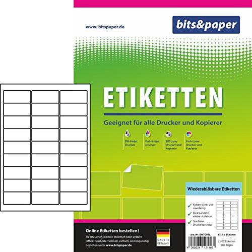 Bits&Paper EW7003L Universal-Etiketten (ablösbar (A4 (2.700 Etiketten, 100 Blatt) Weiß von Bits&Paper