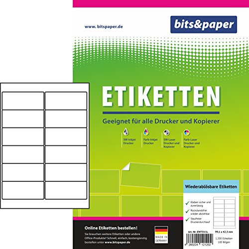 Bits&Paper EW7011L Universal-Etiketten (ablösbar (A4 (1.200 Etiketten, 100 Blatt) Weiß von Bits&Paper