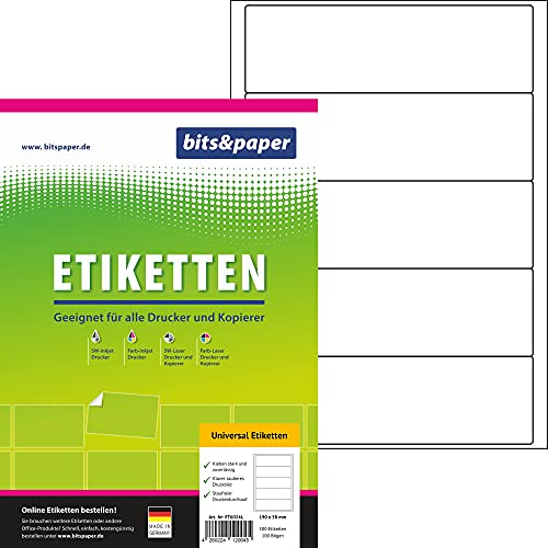 bits&paper ET8024L Ordner-Etiketten / Universal-Etiketten (190 x 58 mm, 500 Etiketten / Rückenschilder, weiß, A4) 100 Blatt, 5 Etiketten pro Bogen, Etiketten für breite Ordner von Bits&Paper