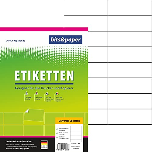 bits&paper ET8027L Universal-Etiketten (105 x 37 mm, 1600 Etiketten, Papier matt, A4) 100 Blatt weiße Etiketten von Bits&Paper