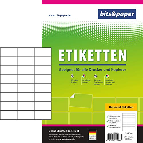 bits&paper ET8039L Universal-Etiketten (70 x 37 mm, 2400 Etiketten, Papier matt, A4) 100 Blatt weiße Etiketten von Bits&Paper