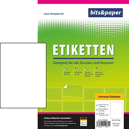 bits&paper ET8059L Universal-Etiketten (210 x 297 mm, 100 Etiketten, Papier matt, A4) 100 Blatt weiße Etiketten von Bits&Paper