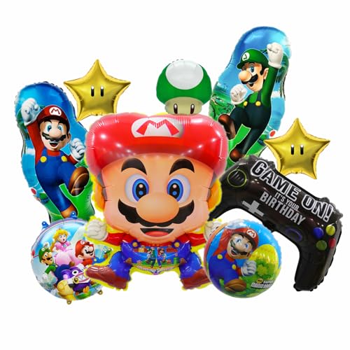9 Stück Super Luftballon Geburtstag, Super Bros Folienballon Kindergeburtstag Dekoration von Biuebinc