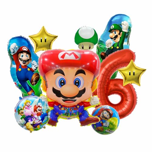 9 Stück Super Luftballon Geburtstag 6 Jahre, Super Bros Folienballon 6 Kindergeburtstag Dekoration von Biuebinc