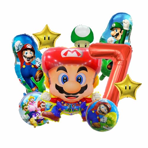 9 Stück Super Luftballon Geburtstag 7 Jahre, Super Bros Folienballon 7 Kindergeburtstag Dekoration von Biuebinc