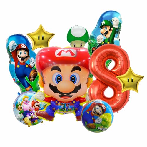 9 Stück Super Luftballon Geburtstag 8 Jahre, Super Bros Folienballon 8 Kindergeburtstag Dekoration von Biuebinc