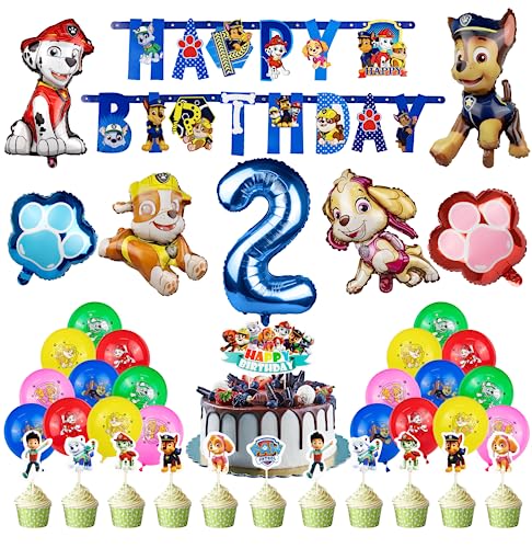 Paw Dog Patrol Geburtstag Deko 2 Jahre, Geburtstagsdeko Jungen und Mädchen, Paw Patrol Luftballons Happy Birthday Banner und Tortendeko für Kindergeburtstag Party von Biuebinc