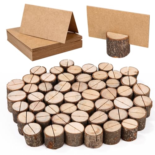 Bixury 50 Stück Zylindrischer Kartenhalter Holz Stabil Tischkartenhalter Kartenhalter Fotohalter Menükartenhalter Postkartenhalter mit 50 Kraftpapier Tischkarten für Hochzeit Geburtstag Fotos Memo(50) von Bixury