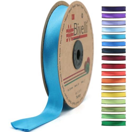 BYS15 Schrägband aus Satin, 99+ Farben, 1,9 cm breit, 22,7 m, gefaltetes Satinband, Stoffpaspelierung, Schrägband zum Nähen, Kleidung, DIY, Aquamarin von Biyelli