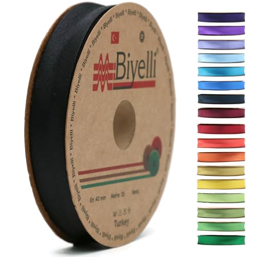 BYS24 Schrägband aus Satin, 99+ Farben, 1,9 cm breit, 22,7 m, gefaltetes Satinband, Stoffpaspelband, Schrägband zum Nähen, Kleidung, DIY (24. Schwarz) von Biyelli