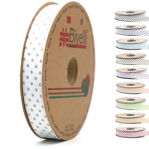 Schrägband aus Baumwolle, 20 mm breit, gepunktet, einfach gefaltet, Baumwolle, zum Nähen, Kleidung, DIY, Grau, B12 von Biyelli