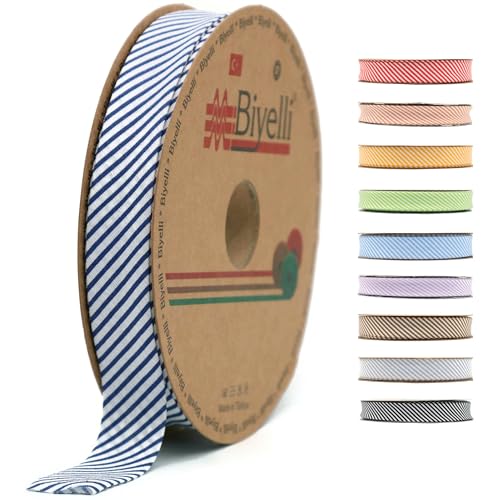 Schrägband aus Baumwolle, 20 mm breit, kariert, einfach gefaltet, Baumwolle, zum Nähen, Kleidung, DIY, Dunkelblau, C8 von Biyelli