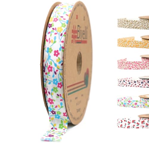 Schrägband aus Baumwolle – 20 mm breit – 22 Meter – Blumenmuster, einfach gefaltet, Baumwollfalz, Schrägband zum Nähen von Kleidung, DIY, Regenbogen-Blumenmuster, A6 von Biyelli