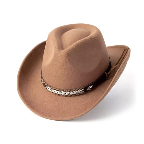 Unisex Cowboy Hut Falbar & Kompakt Traditioneller Fedora mit Breiter Krempe, Lederband & Zier-Schnalle Cowgirl-Fedora-Hüte Perfekt als Western Kostüm oder Alltag von Bkazwe