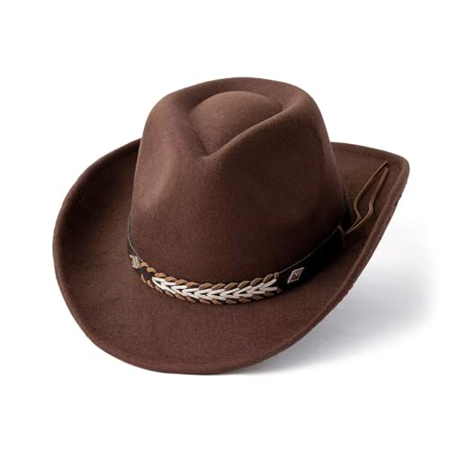 Unisex Cowboy Hut Falbar & Kompakt Traditioneller Fedora mit Breiter Krempe, Lederband & Zier-Schnalle Cowgirl-Fedora-Hüte Perfekt als Western Kostüm oder Alltag von Bkazwe