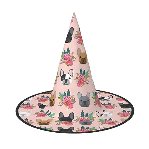 Bkdogkt Französische Bulldogge und Blumen Druck Erwachsene Hexenhut Karneval Halloween Hut Partys Maskeraden Cosplay Urlaub Dekor von Bkdogkt