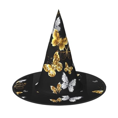 Bkdogkt Hexenhut für Erwachsene, goldfarben, weiße Schmetterlinge, schwarzer Druck, für Karneval, Halloween, Partys, Maskeraden, Cosplay, Urlaubsdekoration Bkdogkt Hexenhut für Erwachsene, goldfarben, weiße Schmetterlinge, schwarzer Druck, für Karneval, Halloween, Partys, Maskeraden, Cosplay, Urlaubsdekoration von Bkdogkt