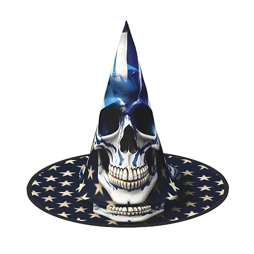 Bkdogkt Hexenhut mit blauen Streifen und Sternen und Totenkopf-Druck, für Erwachsene, Karneval, Halloween, Partys, Maskeraden, Cosplay, Urlaubsdekoration von Bkdogkt