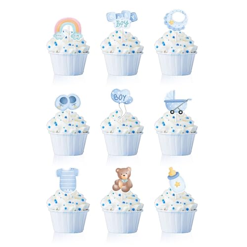 18 Stück Baby Cupcake Topper, Babyparty Tortendeko Taufe Junge, Boy Deko Kuchen, Shower Gender Reveal Party, Muffin Blau für Taufe, Birthday Party von Bkemkri