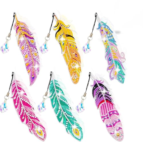 6 Stück Diamant Malerei Lesezeichen, Diamond Painting Lesezeichen Kinder Erwachsene, Spielzeug ab 6 Jahre, DIY Lesezeichen Bastelset mit Kristall Anhänger, Geschenk Mädchen Bastelset, Feders Anhänger von Bkemkri