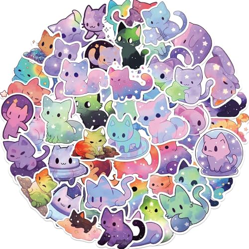 Bkemkri 100 Stück Sternenhimmel-Katzen-Aufkleber, Cartoon Regenbogen Niedliche ästhetische Tier Vinyl Aufkleber für Scrapbook Tagebuch Umschläge Laptop Auto Journal Fahrrad Kinder Erwachsene Sticker von Bkemkri