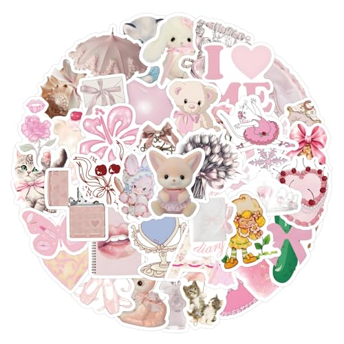 Bkemkri 120 Stück Aesthetic Sticker Rosa Schleifen Süße Niedliche Romantisch Vintage Wasserdichte Vinyl Cartoon Tier Aufkleber für Umschläge Laptop Telefon Motorrad Scrapbook Fotoalben Wasserflasche von Bkemkri