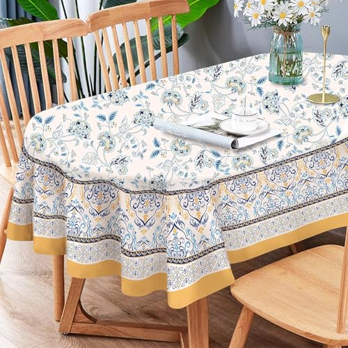 Ovale Tischdecke mit Blumenmuster, blau-gelb, französische Landhaus-Tischdecke, knitterarm und waschbar, Blumen-Tischdecken, perfekt für Küche, Abendessen, Familientreffen, Urlaub, Esszimmertisch Ovale Tischdecke mit Blumenmuster, blau-gelb, französische Landhaus-Tischdecke, knitterarm und waschbar, Blumen-Tischdecken, perfekt für Küche, Abendessen, Familientreffen, Urlaub, Esszimmertisch von Bkyedsa
