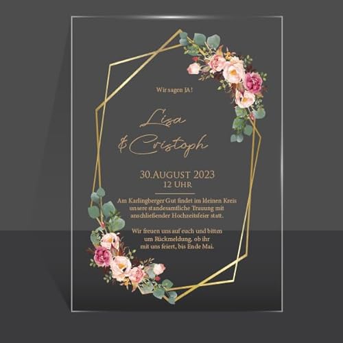 Bl4ckPrint Einladungskarten aus Acrylglas personalisierbar - Plexiglasscheiben für Hochzeitseinladung - Hochzeit Requisiten - klares Acrylglas/Plexiglas mit Aufdruck Bl4ckPrint Einladungskarten aus Acrylglas personalisierbar - Plexiglasscheiben für Hochzeitseinladung - Hochzeit Requisiten - klares Acrylglas/Plexiglas mit Aufdruck von Bl4ckPrint