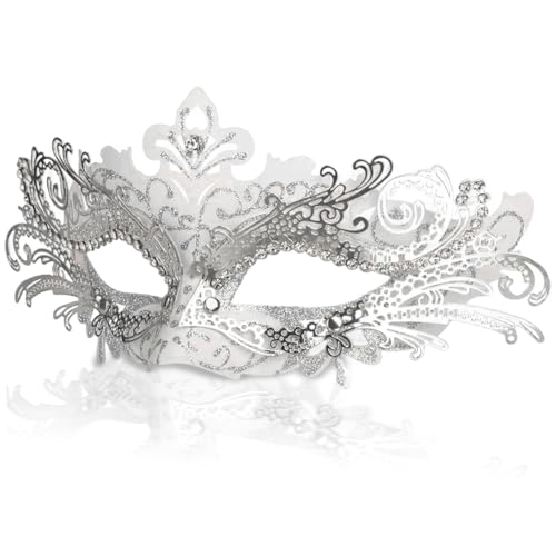 Blablablalu Venezianische Maske für Frauen weiße Maskerademaske mit exquisiter Schnitzerei und Strass 8x4 Zoll halb Gesicht dekorativen Plastikfleisch für Party, Abschlussball, Halloween Blablablalu Venezianische Maske für Frauen weiße Maskerademaske mit exquisiter Schnitzerei und Strass 8x4 Zoll halb Gesicht dekorativen Plastikfleisch für Party, Abschlussball, Halloween von Blablablalu