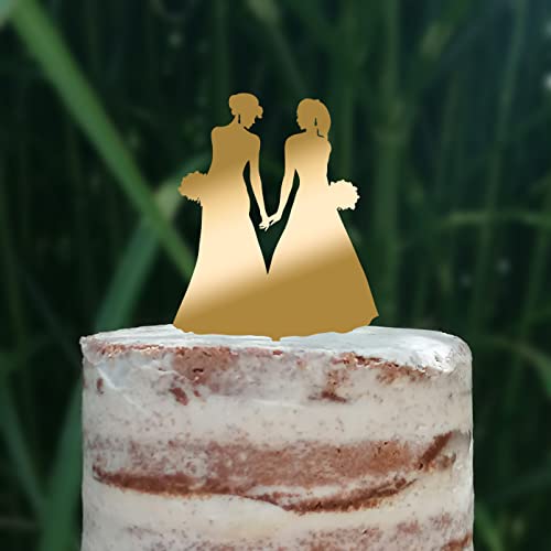 Cake Topper (Frauenpaar), Mrs & Mrs, Hochzeit, Verlobung, Trauung, Acryl/Holz, Tortenstecker, Tortenfigur, Tortendeko, Hochzeitstorte, Frau und Frau, Gay, Lesbisch, Cake Board (Gold) von Blacked LaserTEC