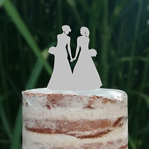 Cake Topper (Frauenpaar), Mrs & Mrs, Hochzeit, Verlobung, Trauung, Acryl/Holz, Tortenstecker, Tortenfigur, Tortendeko, Hochzeitstorte, Frau und Frau, Gay, Lesbisch, Cake Board (Grau) von Blacked LaserTEC